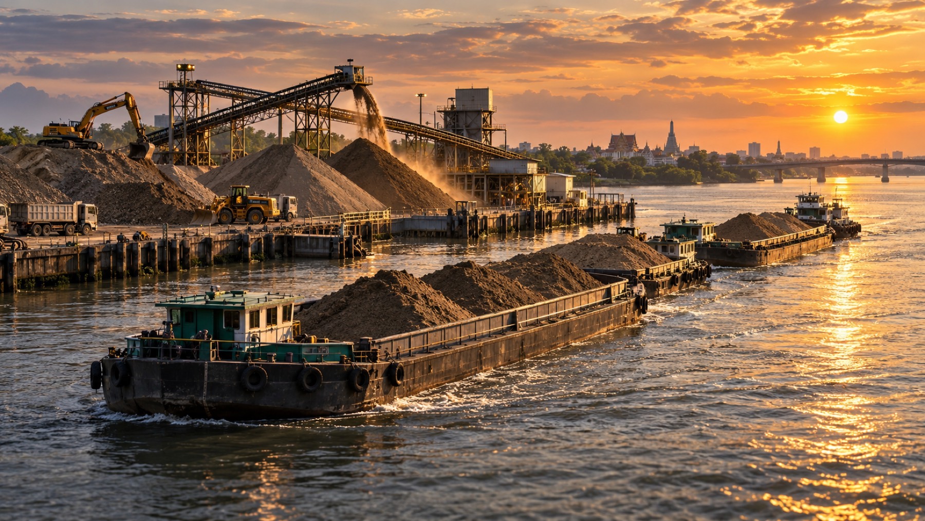 เรือลำเลียงหิน ดิน ทราย ของบริษัท เหมวรา จำกัด บนแม่น้ำ